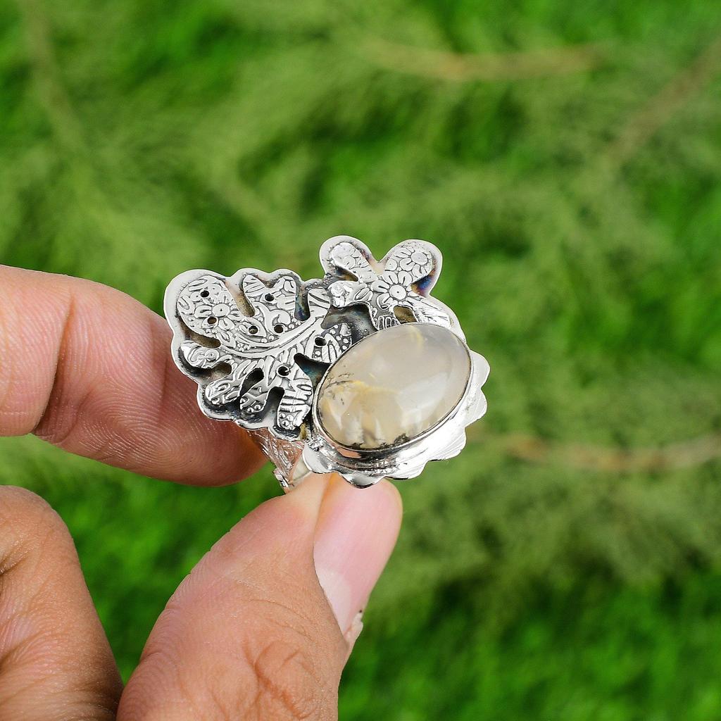 Plume Agate Stone Birthday Promise Bezel Solitaire Ring Jewelry Sterling Silver