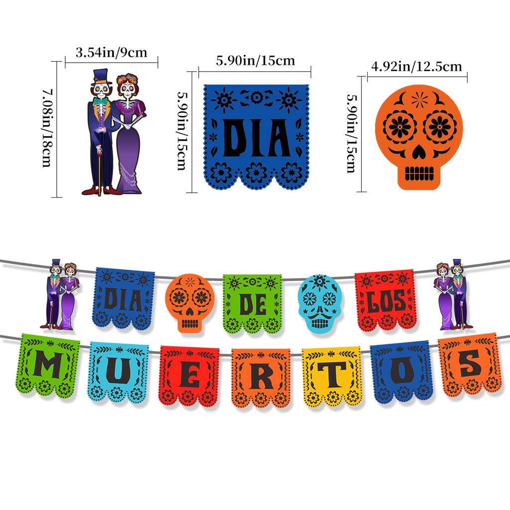 Mexican Day Of The Dead Themed Party Decoration Skull Bride Groom Draw Flag Hollow Colorful Banner Bunting