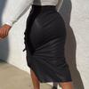 Stylish PU Leather Women's Solid Color Wrap Hip Skirt High Waist Lace-up Edge Buckle Slim Pencil Skirt