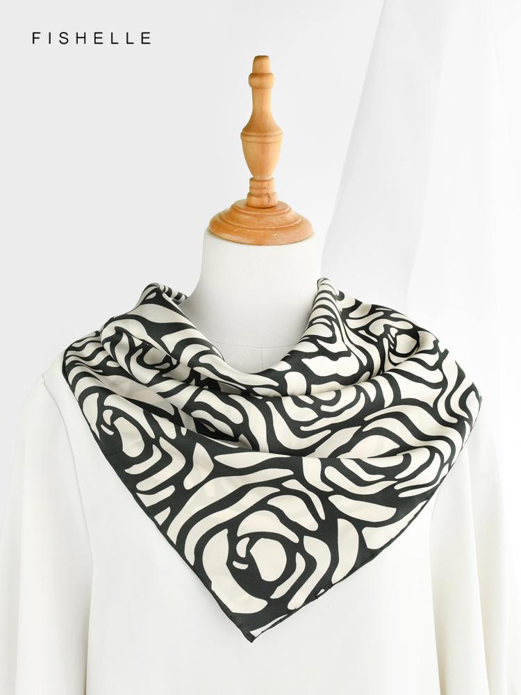 Elegant Black White Camellia Flower Printed Natural Silk Twill Scarf Women's Spring Autumn Square Scarfs Real Silk Handkerchief