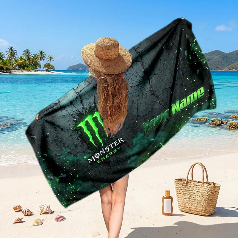 Пляжное полотенце Monster Energy с индивидуальным текстом имени, Мягкое впитывающее полотенце для пляжа, бассейна, путешествий, Персональный подарок