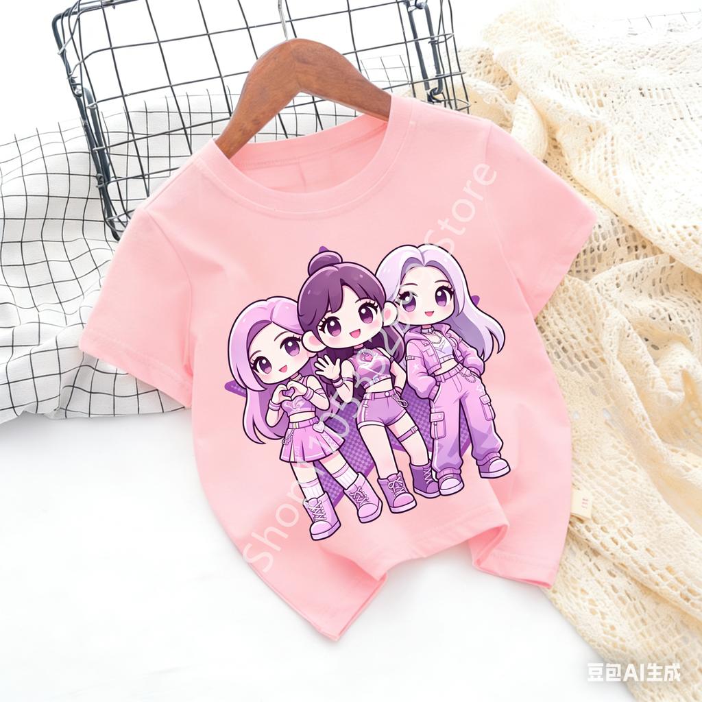 Girls KPOP Idol Group Print Short Sleeve Boys and Girls TShirt Cute Cartoon Graphic Tee Kids Summer Casual Top