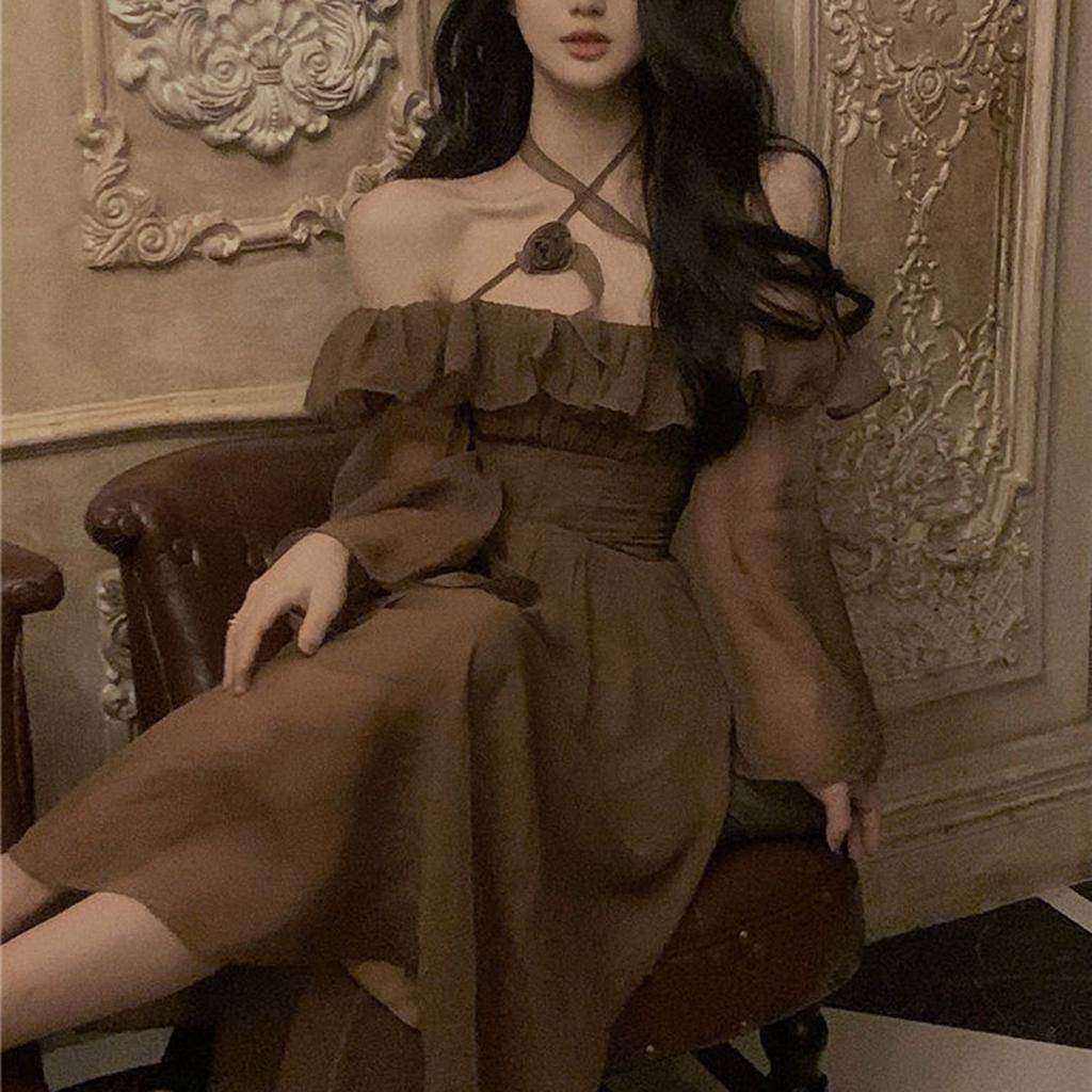 Модное женское элегантное французское платье с рукавами принцессы и открытыми плечами