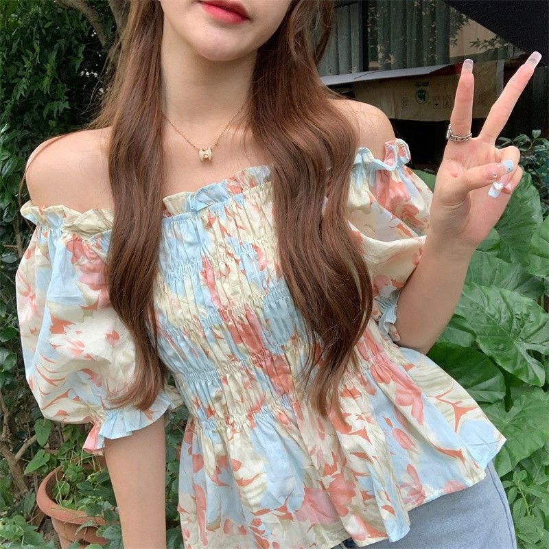 Сломанная блузка французский стиль рукав-буф фонарик лето новая милая вырез лодочкой стильная сборка приталенная винтажная рубашка