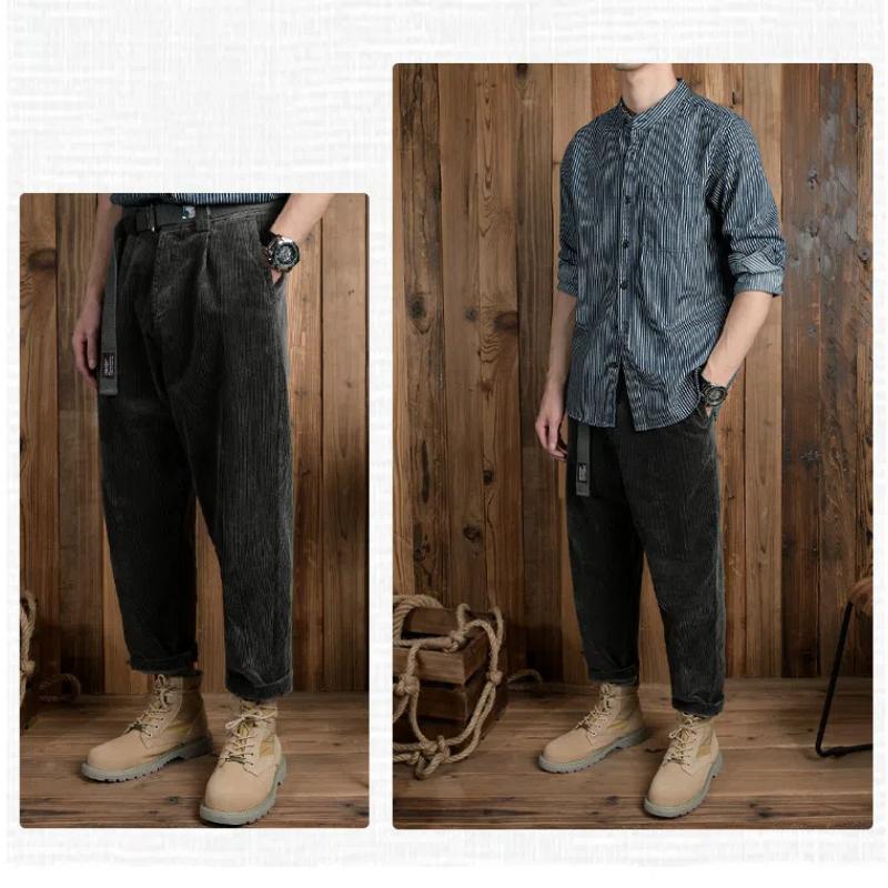 Осенние и зимние мужские брюки, японские ретро-утолщенные вельветовые брюки, мужские, 98% хлопок, мешковатые прямые брюки с поясом, повседневные мужские брюки