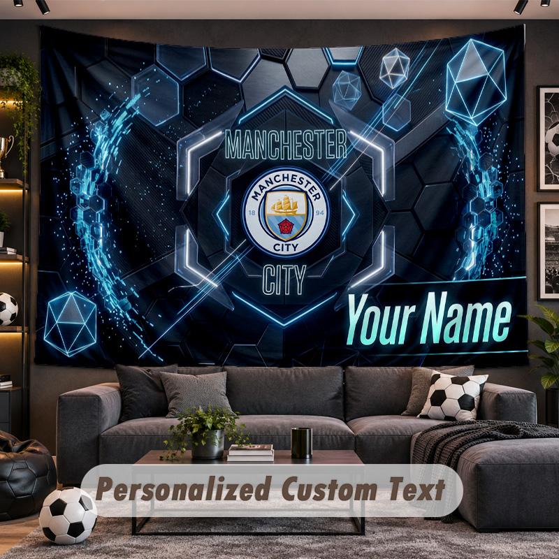Manchester City Personalized Tapestry Support Custom Name, Wall Art Home Decoration