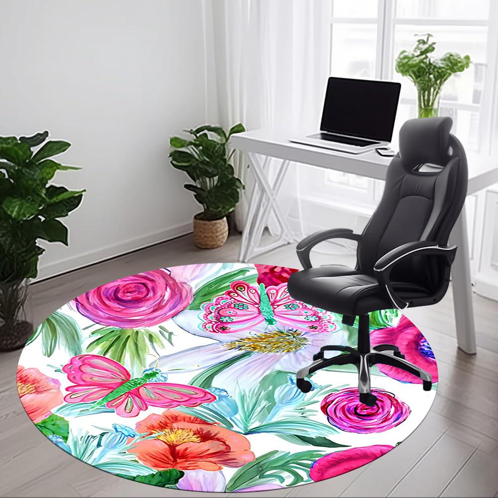 1pc Floral Butterfly Office Round Rug, Non-slip, Soft and Durable Office Rug for Interior Decoration, Perfect for Office, Beautiful Decoration yy26032
