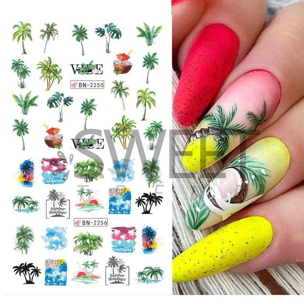 Летние водные наклейки для ногтей, наклейки для пляжа, океана, кокосовой пальмы, дизайн ногтей, декор для ногтей