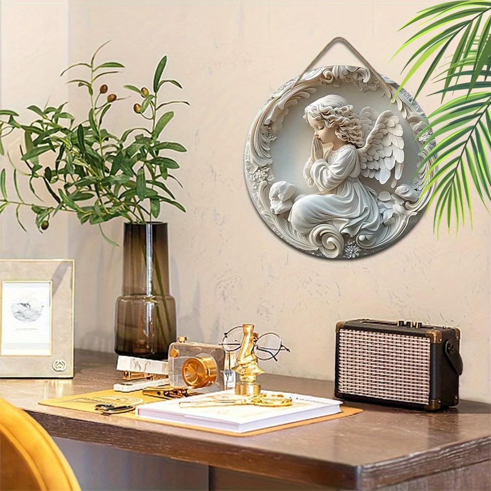 Wood 1pc 2D Baptism Nativity Praying Angel Retro Pattern Wooden Porch Wreath Hanging Print Sign Painting Home Fence Decoration for Door, Wall, Home