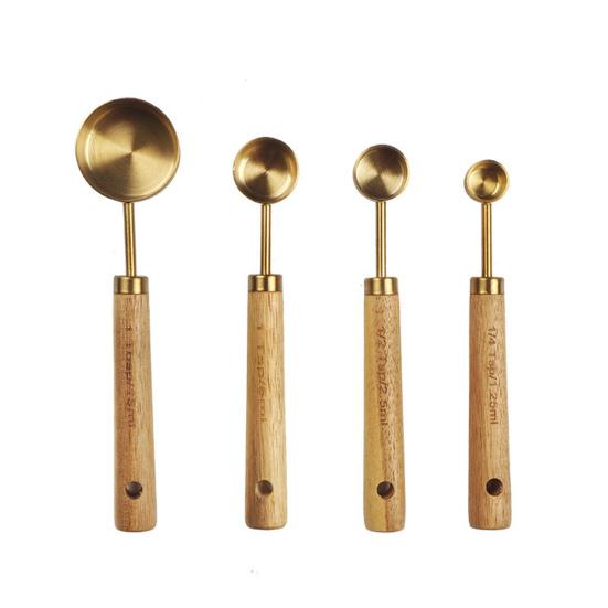 4Pcs Useful Convenient Wooden Handle Measuring Scoop Measure Spoon Scale Coffee Bartending Tool Home Supplies