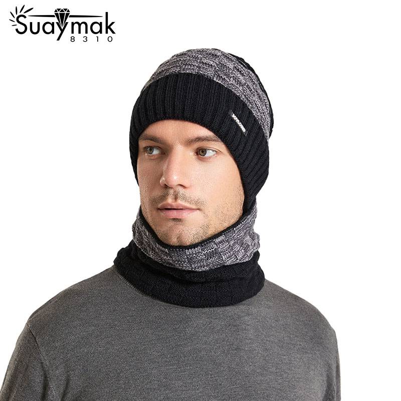 Winter New Fleece Knitted Wool Cap Unisex Hat Scarf Set Ear Protector Head Cap