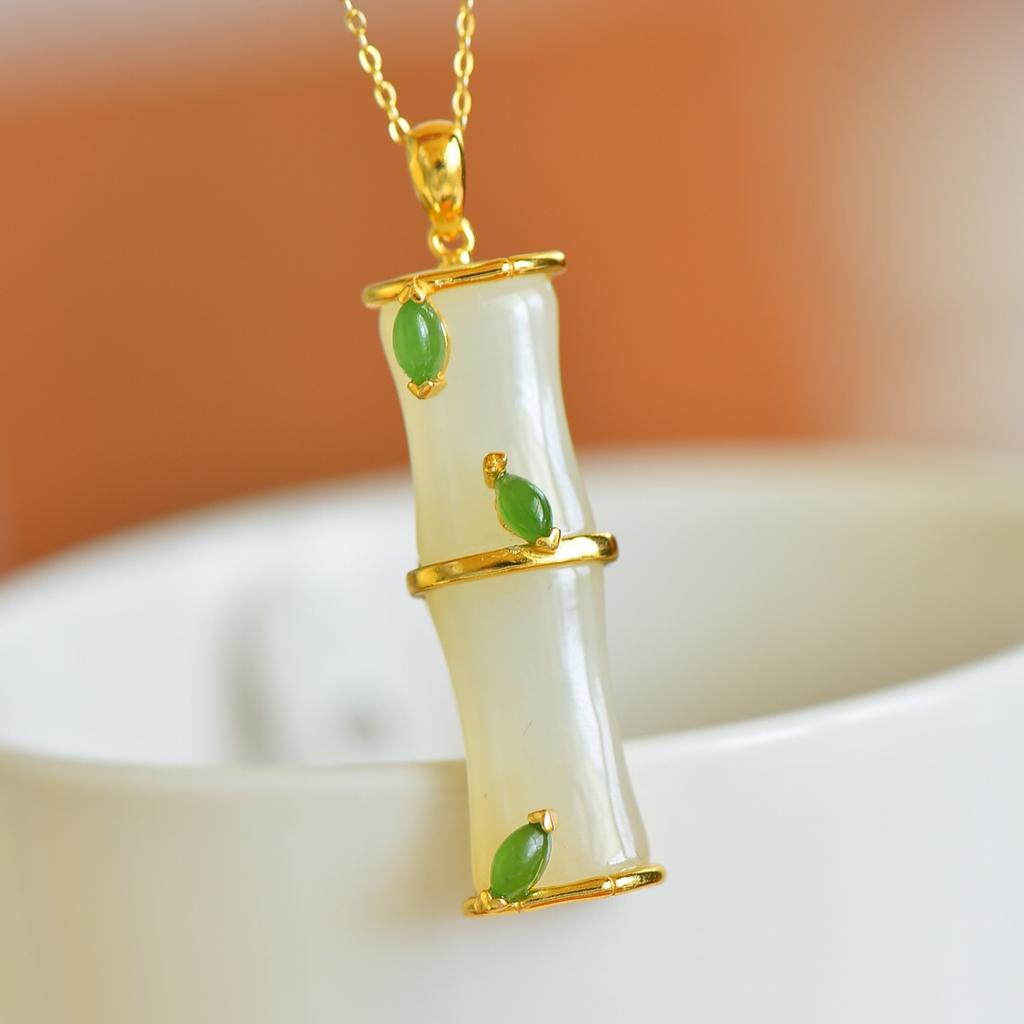 Hotan Jade S925 Silver Inlaid Bamboo Newspaper Peace Pendant for Women