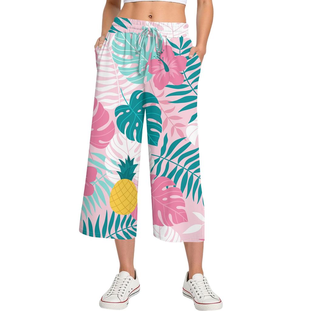 Женские летние повседневные спортивные брюки с высокой талией и принтом, укороченные брюки свободного покроя