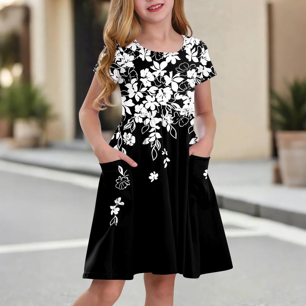 Children's Skirt Round Neck Short Sleeve Princess Dress Fashion Casual Pocket Dress For Girls