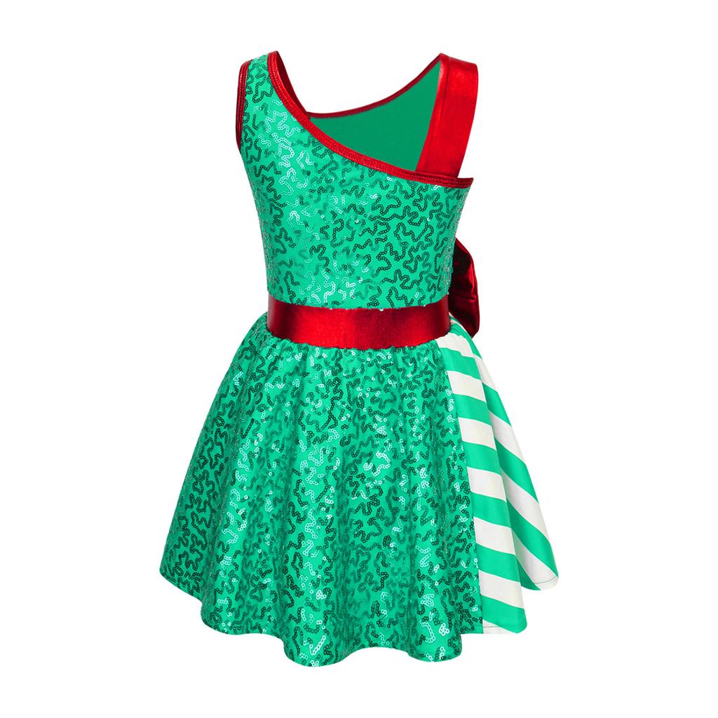 Kids Girls Christmas Elf Costume Shiny Sequined Ballet Dance Ice Skating Performance Leotard Dress
