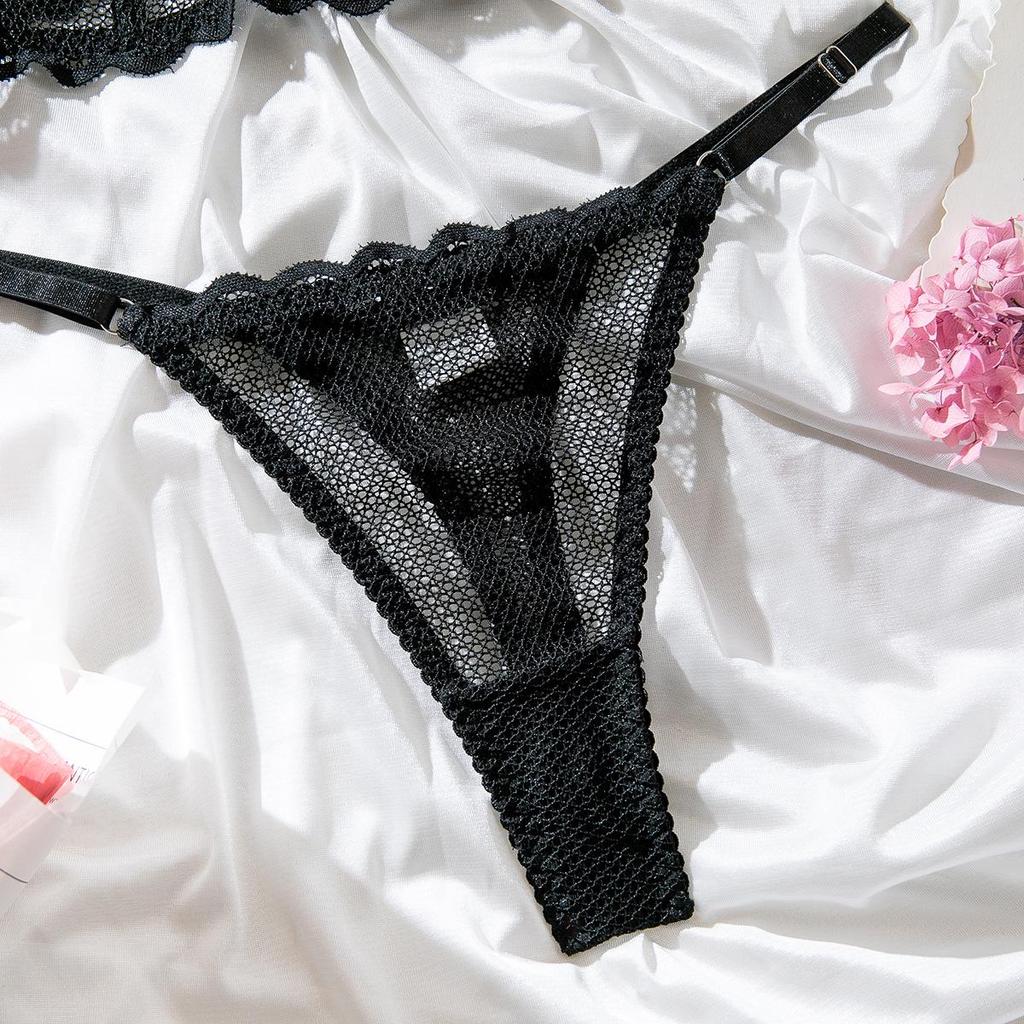Европейский и американский сексуальный сет из кроп-топа из сетки «рыбья кость» и кружевного бюстгальтера-стрингов – Удобный, эластичный, просвечивающий, формирующий