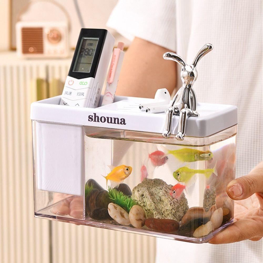Пластиковый амфибийный экологический аквариум, маленький, с крышкой и украшениями в виде кроликов, многофункциональный прозрачный аквариум для золотых рыбок
