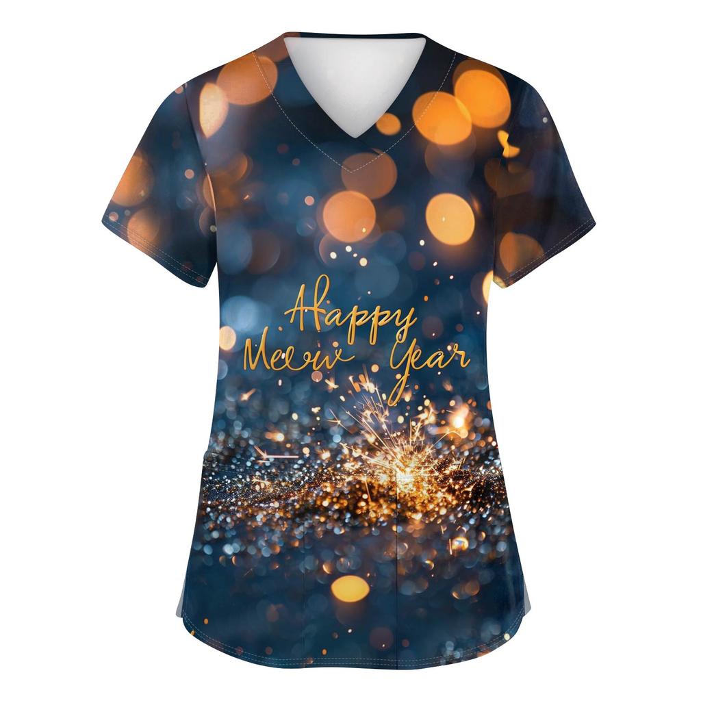 Женские модные топы с короткими рукавами и V-образным вырезом с принтом, рабочие футболки с карманами