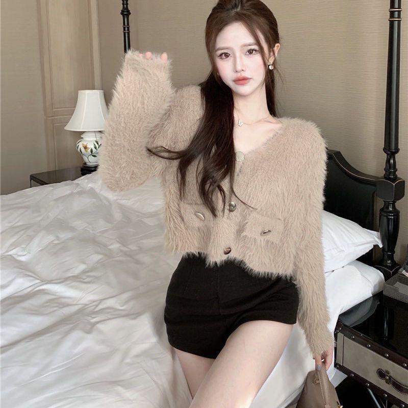 Свитер-кардиган женский осенний корейский маленький ароматный ветер плюшевый короткий свитер пальто с длинным рукавом с v-образным вырезом новый вязаный кардиган женский