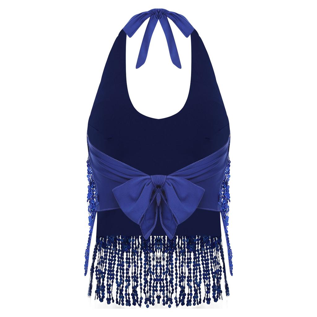 Womens Sleeveless Halter Top Sequins Tassel Fringe Crop Bra Dance Wear