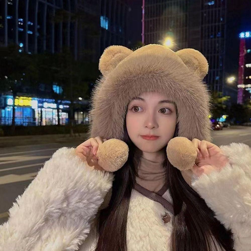 Velvet Lining Winter Hat Cute Bear Ears Bucket Hat Cold-proof Windproof Hat Women