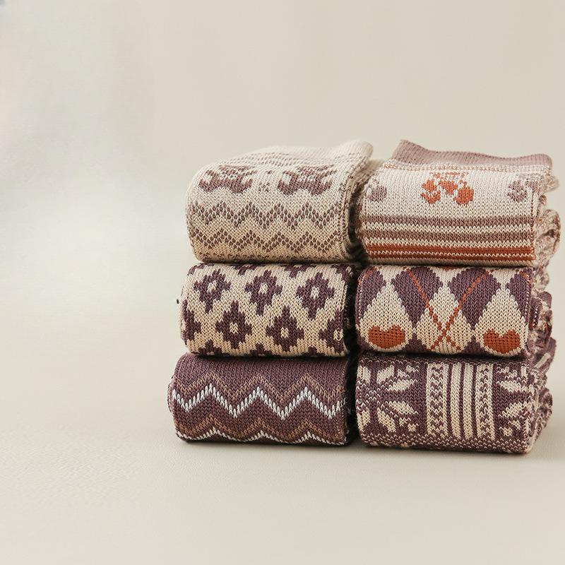 Ретро-цветные гольфы с высоким голенищем для женщин на осень и зиму и гольфы средней высоты из гребенного хлопка с махрой для женщин на весну и осень