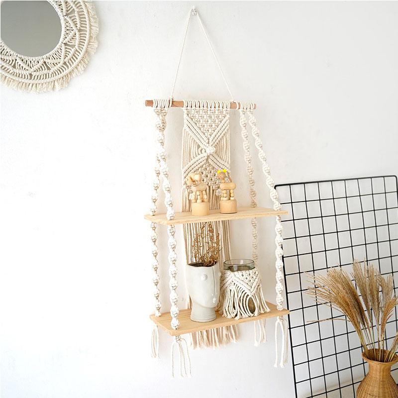 Настенный гобелен ручной работы в богемном стиле, деревянная полка, корзина для цветов, двухъярусная вешалка, настенные полки в технике макраме