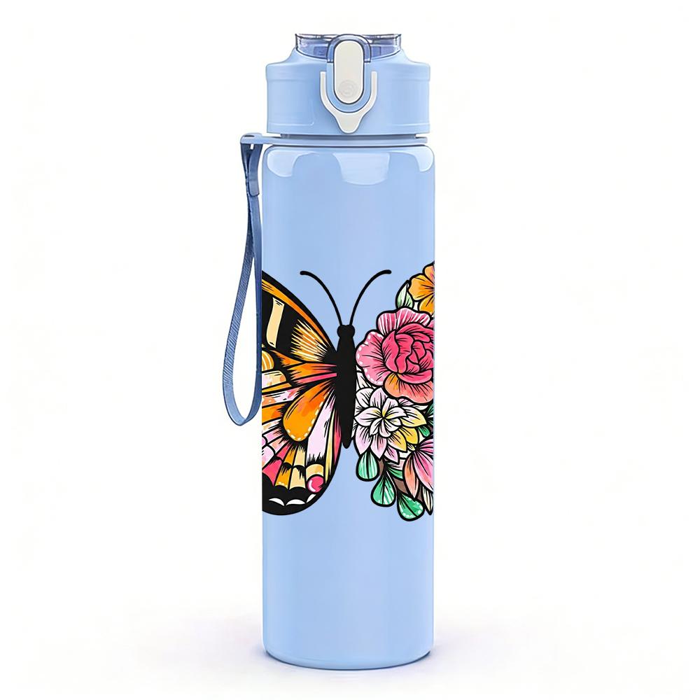 1PC Mixed Floral Wing Butterfly 750ml Color Plastic Sports Water Bottle Leakproof Flip Straw Lid Suitable for Sports Office Home Use