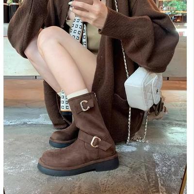 Женские ретро мотоциклетные ботинки с пряжками - Новинка 2025, облегающий дизайн, круглый носок, толстая подошва, массивный каблук, увеличивающие рост, до середины икры, стиль осень/зима.