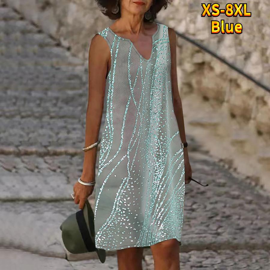 Женское летнее платье с серебряным блестящим принтом и v-образным вырезом, повседневное модное платье без рукавов, повседневные свободные сексуальные платья размера плюс XS-8XL