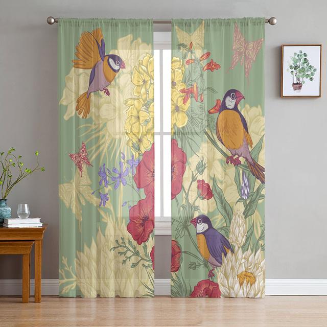 Ветка розы, птица, прозрачная вуаль, занавеска для окон, тюлевые шторы для гостиной, спальни, шифоновые шторы