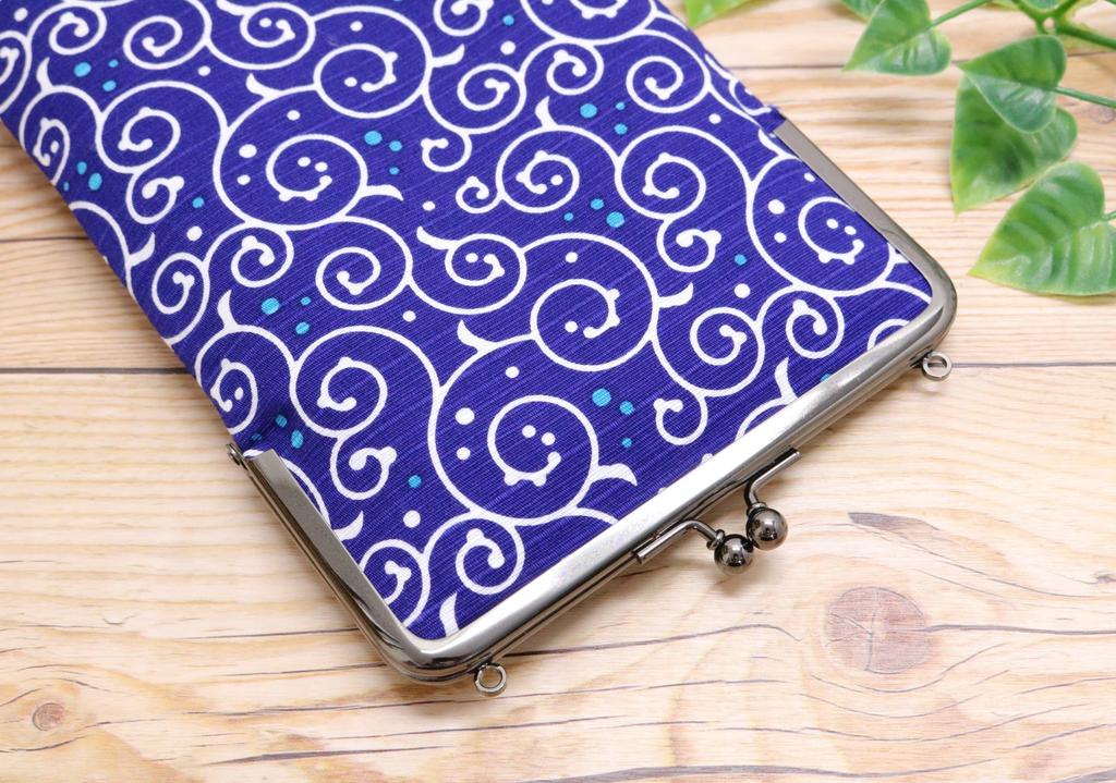 Kyosuke Made in Japan Slim Goshuincho Case with Clasp Small Item Arabesque Dot Navy Blue Closure, Pouch, Pattern,