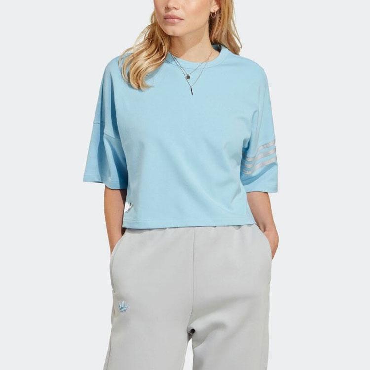 Adidas Originals Three Stripes Color Block Loose Short Sleeve T-Shirt Women Blue IB7311