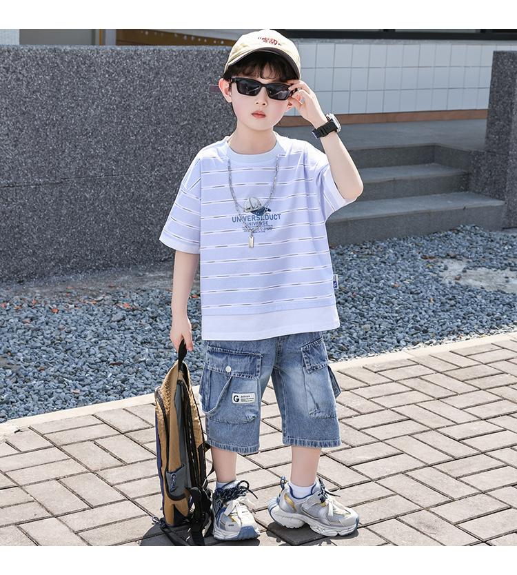 Boys' Summer Striped Short Sleeve Set 2026 New Style Handsome and Fashionable Little Boys' Summer Fashion Cool Wear with Jeans