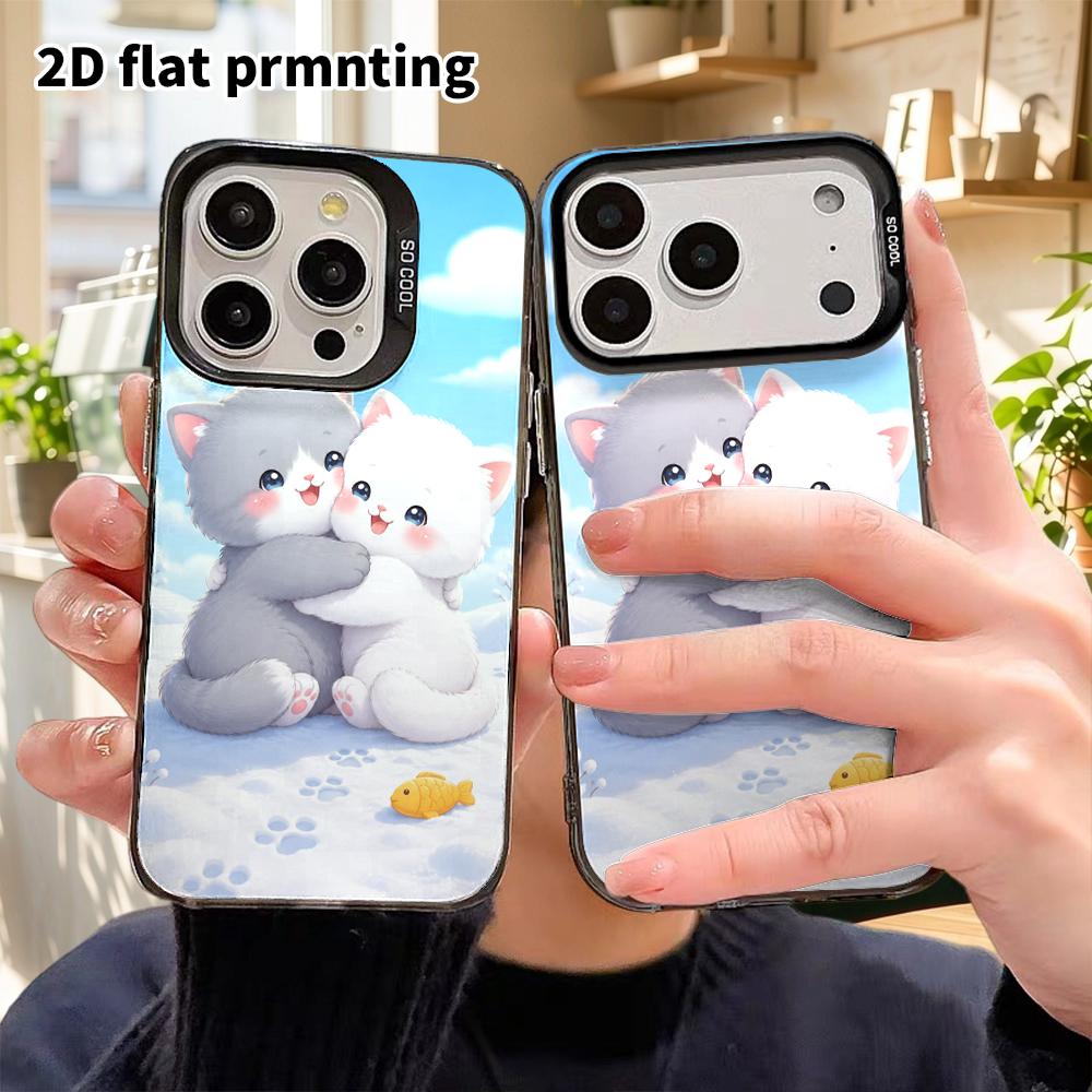 Phone Case: 2D flat design, suitable for iPhone 18 17 16 15 14 13Pro in rainbow silver, couple style, gray cat and white cat, Christmas and Halloween