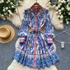 Весна Осень Мода Фарфоровый Принт Подиумное Платье Женское Длинный Рукав Пояс А-силуэт Вечерние Платья С Поясом
