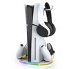 Вертикальная подставка для PS5 Slim/Pro, Многофункциональная док-станция с RGB-подсветкой, Крючок для гарнитуры и Зарядка двух контроллеров