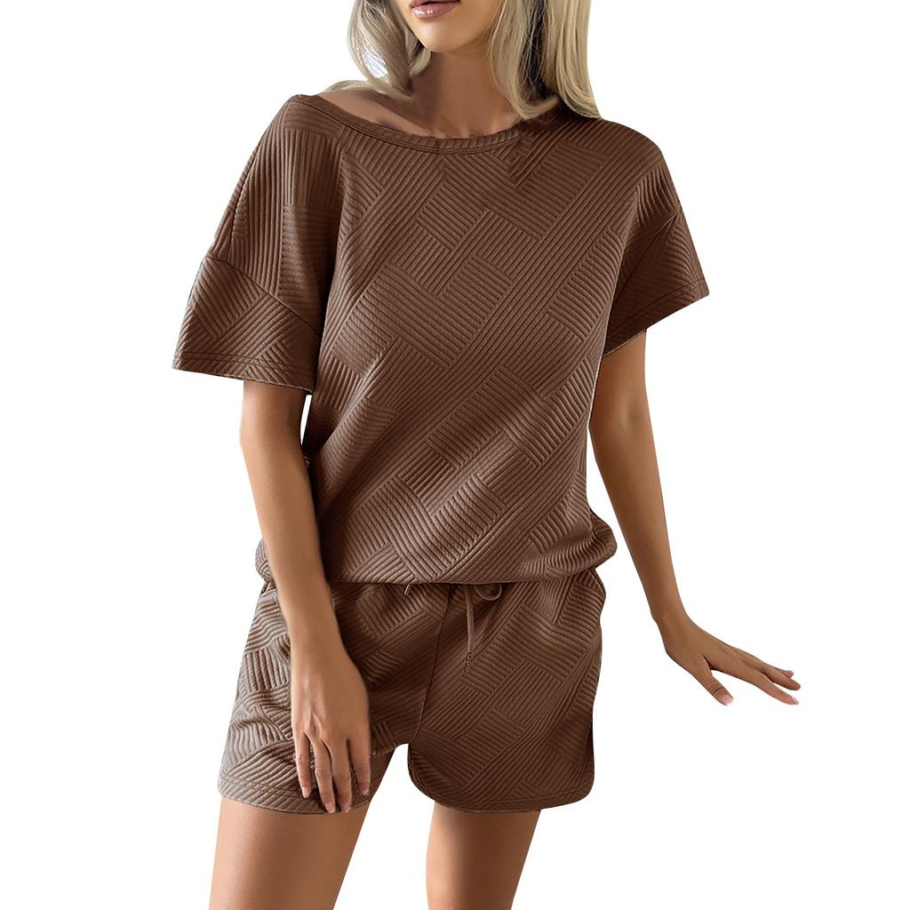 Женские летние однотонные топы и шорты с круглым вырезом, повседневный комплект из двух предметов