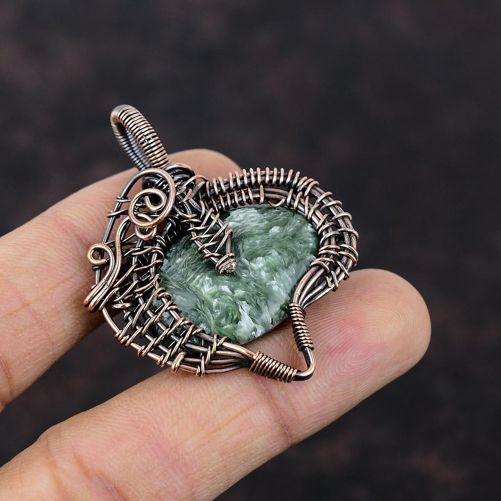 Подвеска из серафинита, обернутая медной проволокой, драгоценный камень, подвеска ручной работы, обернутая проволокой, уникальный медный дизайн, подвеска, подарок на годовщину