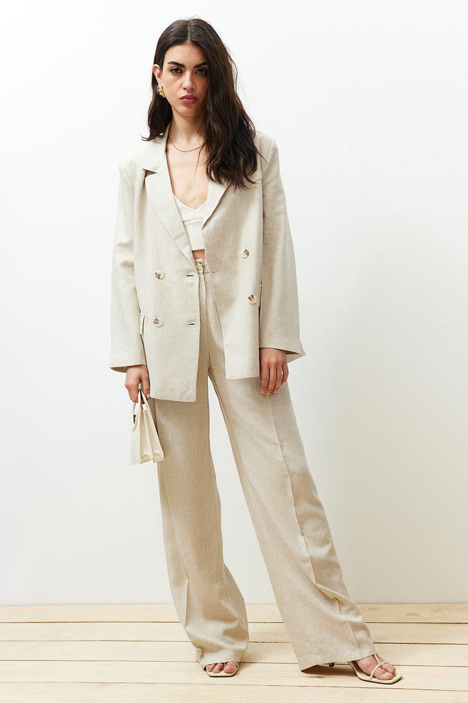 Женская мода бежевый двубортный пиджак из хлопка и льна с застежкой