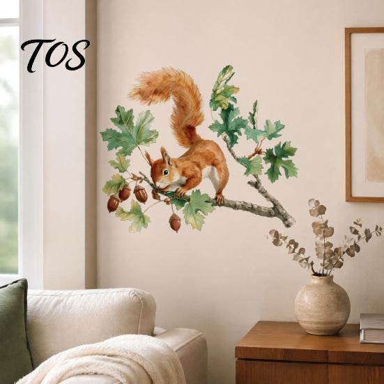 Soft Watercolor Illustration Decals Squirrel Wall Sticker, Cute Tree Branch Decal, Stickers Forest Animal Mural Art for Living Room, Bedroom, Nursery