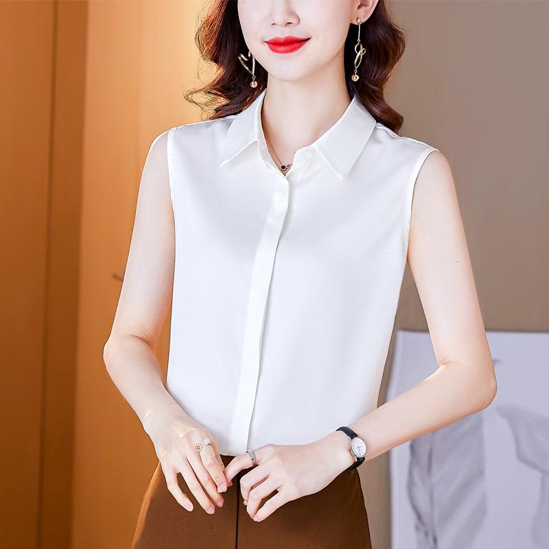 Elegant Ladies Shirts Temperament Commuter Career Satin Blouse Women Undershirt Shirt Sleeveless Loose Lapel White Blouse