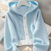 Lazy Style Blue Hooded Women's Hoodie for Autumn and Winter Fashion, Western-style Top for Outerwear