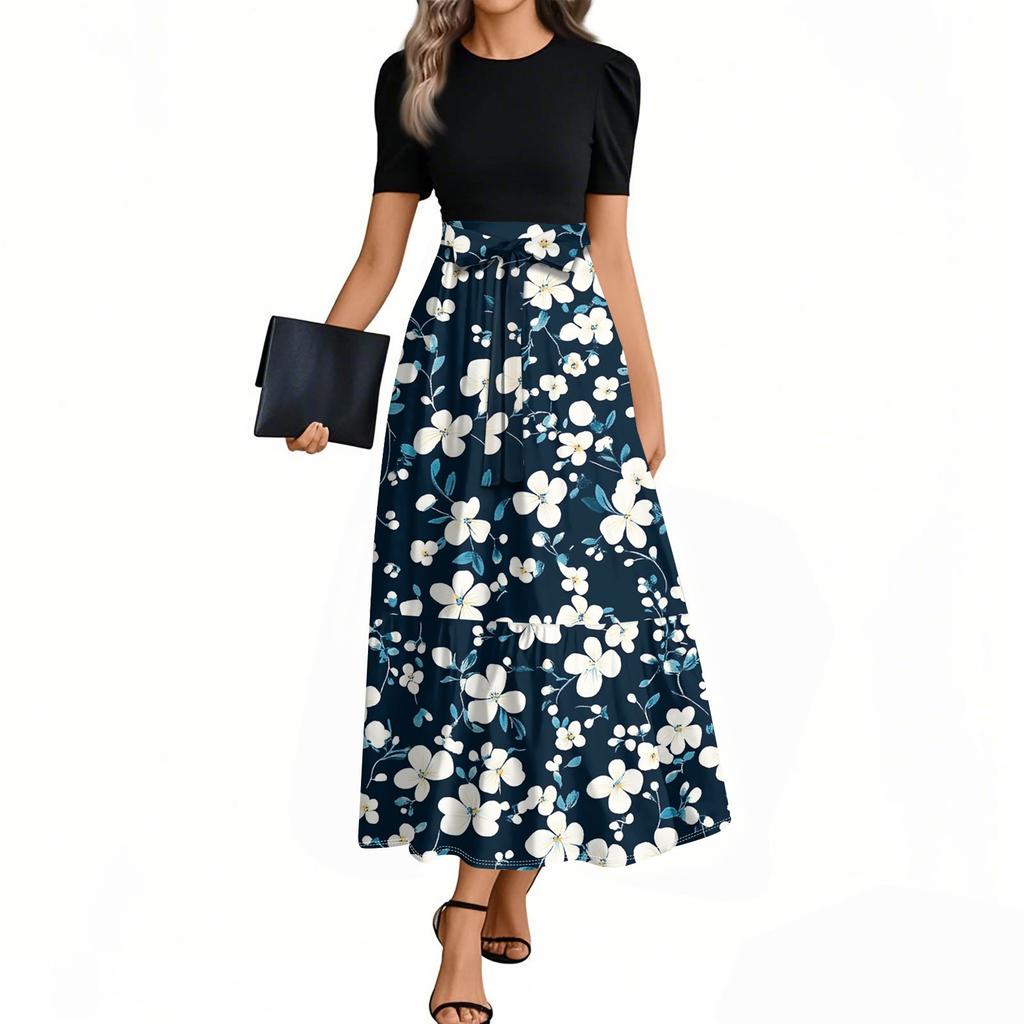 Женское элегантное модное повседневное платье с цветочным принтом и поясом, короткими рукавами и круглым вырезом