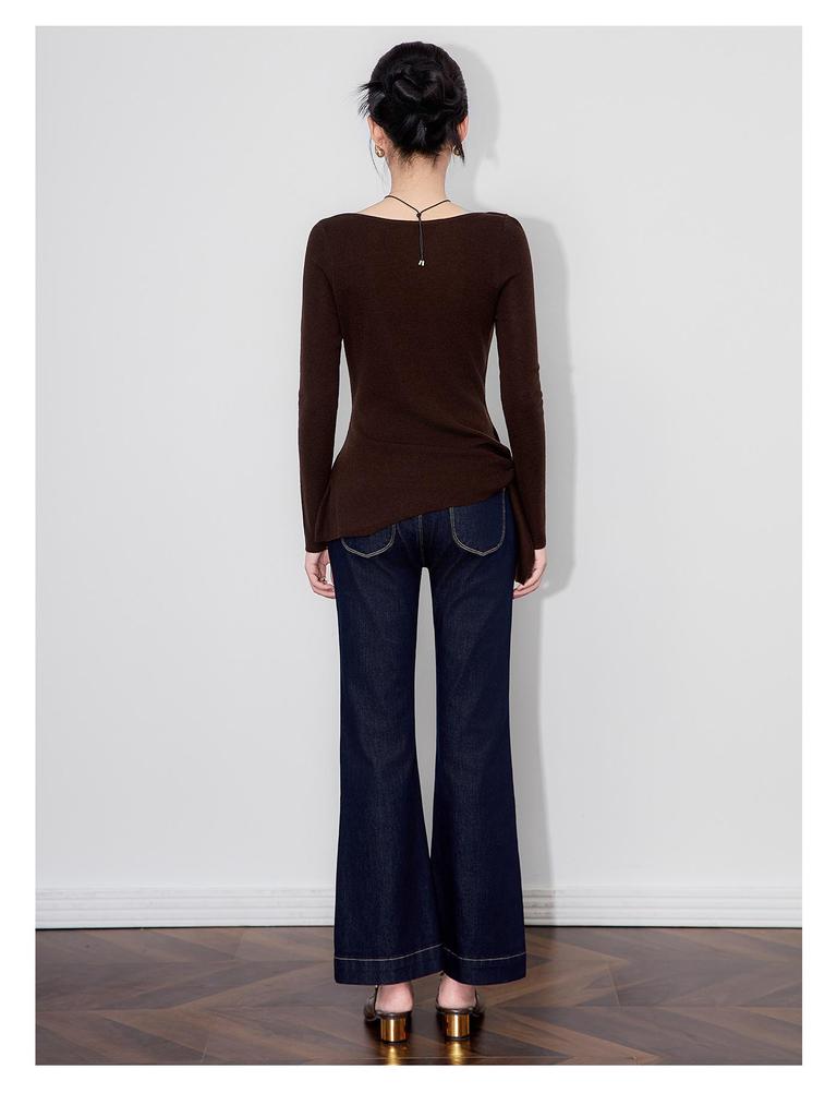 Design Sense Off-Shoulder Tie-Up Wool Knit Top: Minimalist Waist-Defining Long Sleeve for Early Autumn
