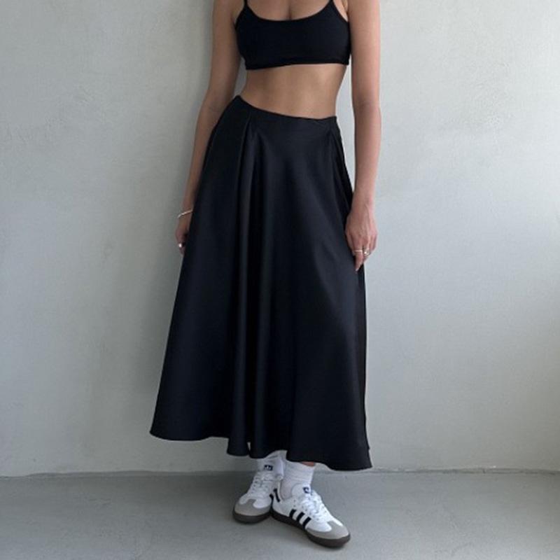 Женская летняя элегантная атласная однотонная юбка с высокой талией, повседневная трапециевидная юбка с оборками
