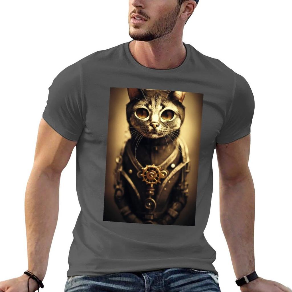 Steampunk Cat Tshirt Utility Work Short Sleeve Top