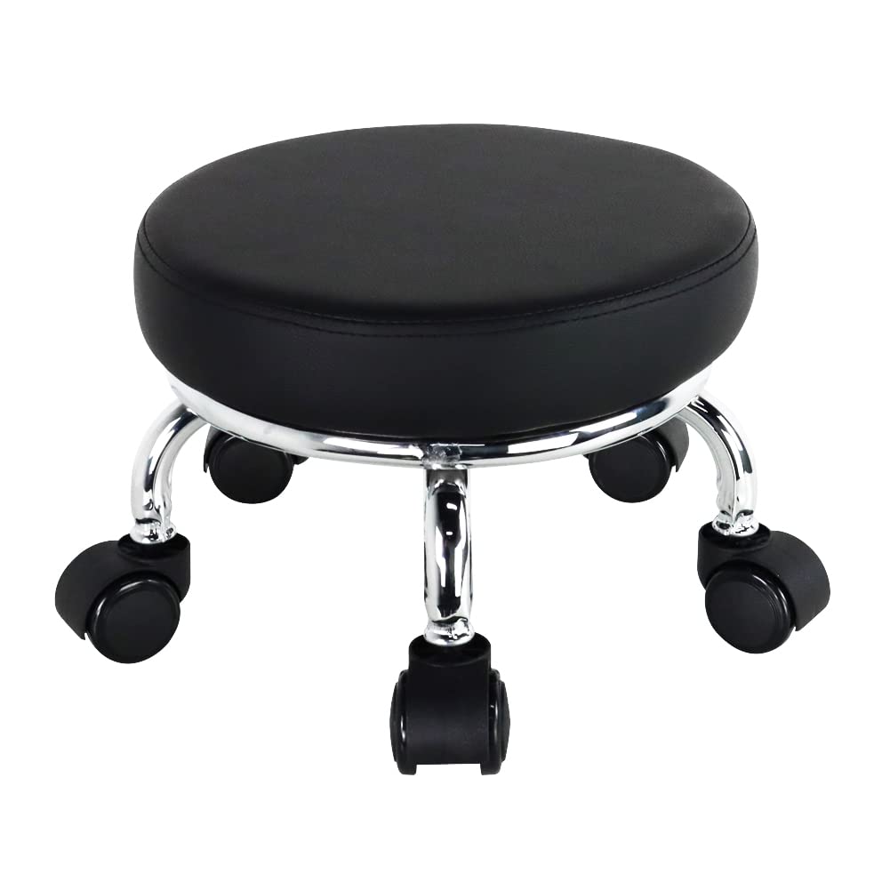 WKWKER Modern Stool with PU Circular Rolling Small Multidirectional Wheeled Low Height Suitable for Home Garages and Stores Wheels, Leather, Stool,