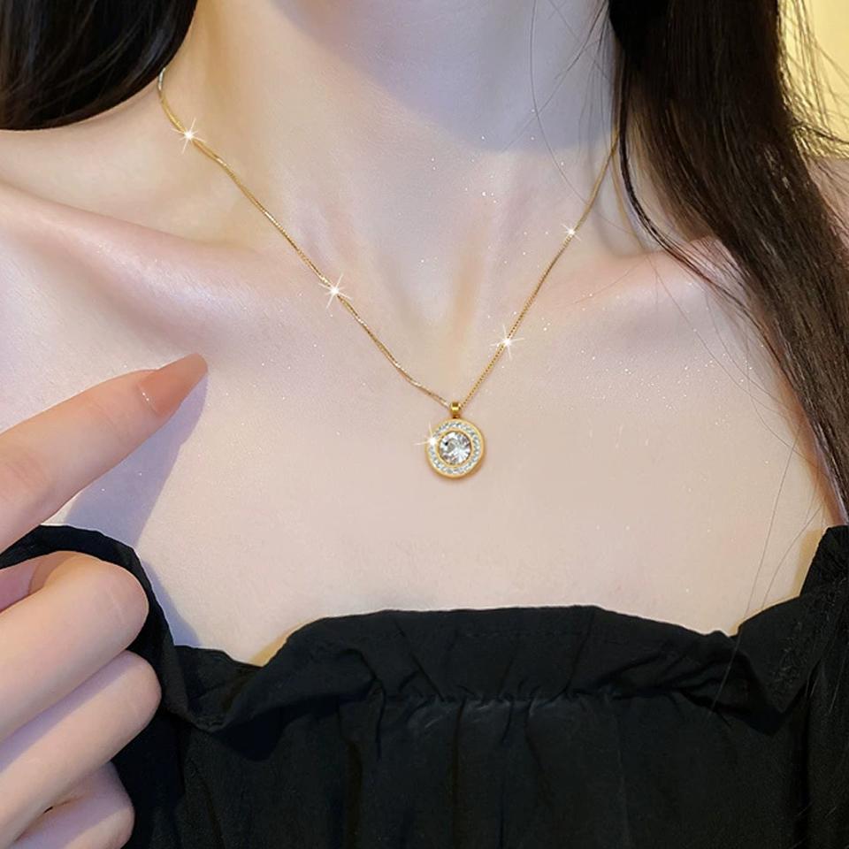 ZAKOL Блестящий Кристалл Циркон Круглый Кулон Ожерелье Серьги для Женщин Изысканная Цепочка из Нержавеющей Стали 2 Шт. Набор с Цирконом