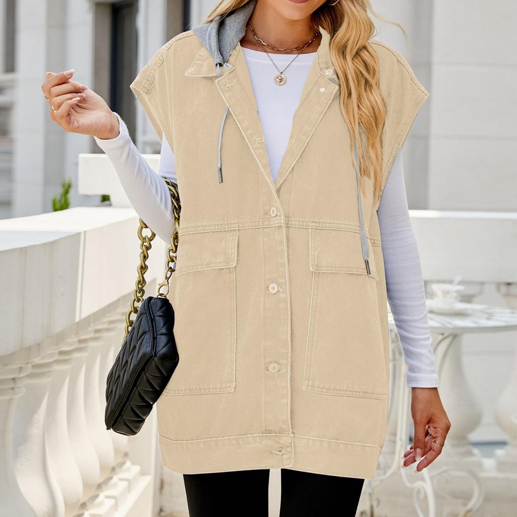 Женская повседневная свободная винтажная джинсовая жилетка с капюшоном